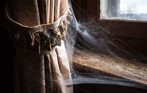 spider webs on a curtain and window inside a home